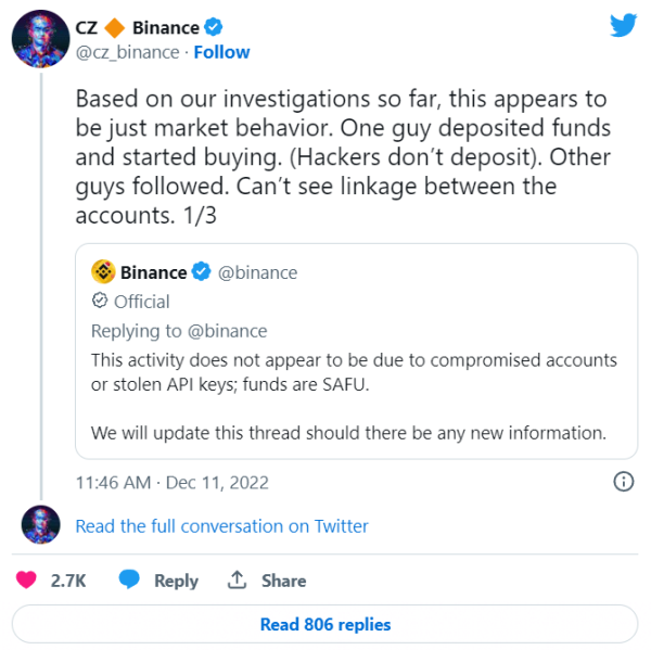 
На Binance наблюдались аномальные движения цен в выходные 