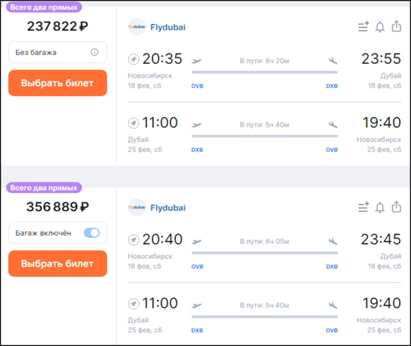 Билеты в Дубай из Новосибирска на 23 Февраля продаются за 300 тысяч рублей