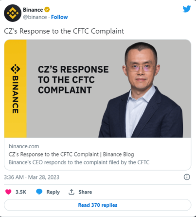 Чанпэн Чжао (CZ) ответил на обвинения CFTC в отношении Binance Чанпэн Чжао (CZ) ответил на обвинения CFTC в отношении Binance
